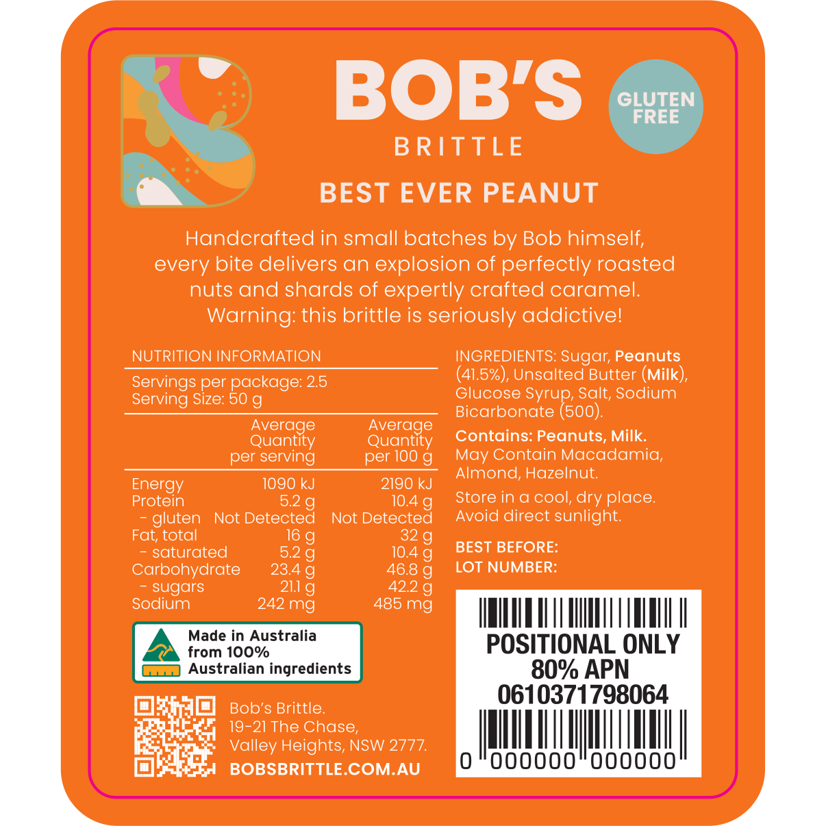 Bob's Brittle Best Ever Peanut Brittle ingredients
and nutritional information — gluten free