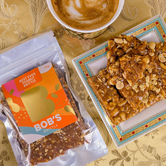 Bob's Brittle Best Ever Peanut Brittle served with coffee
— handmade artisan peanut brittle Blue Mountains Australia